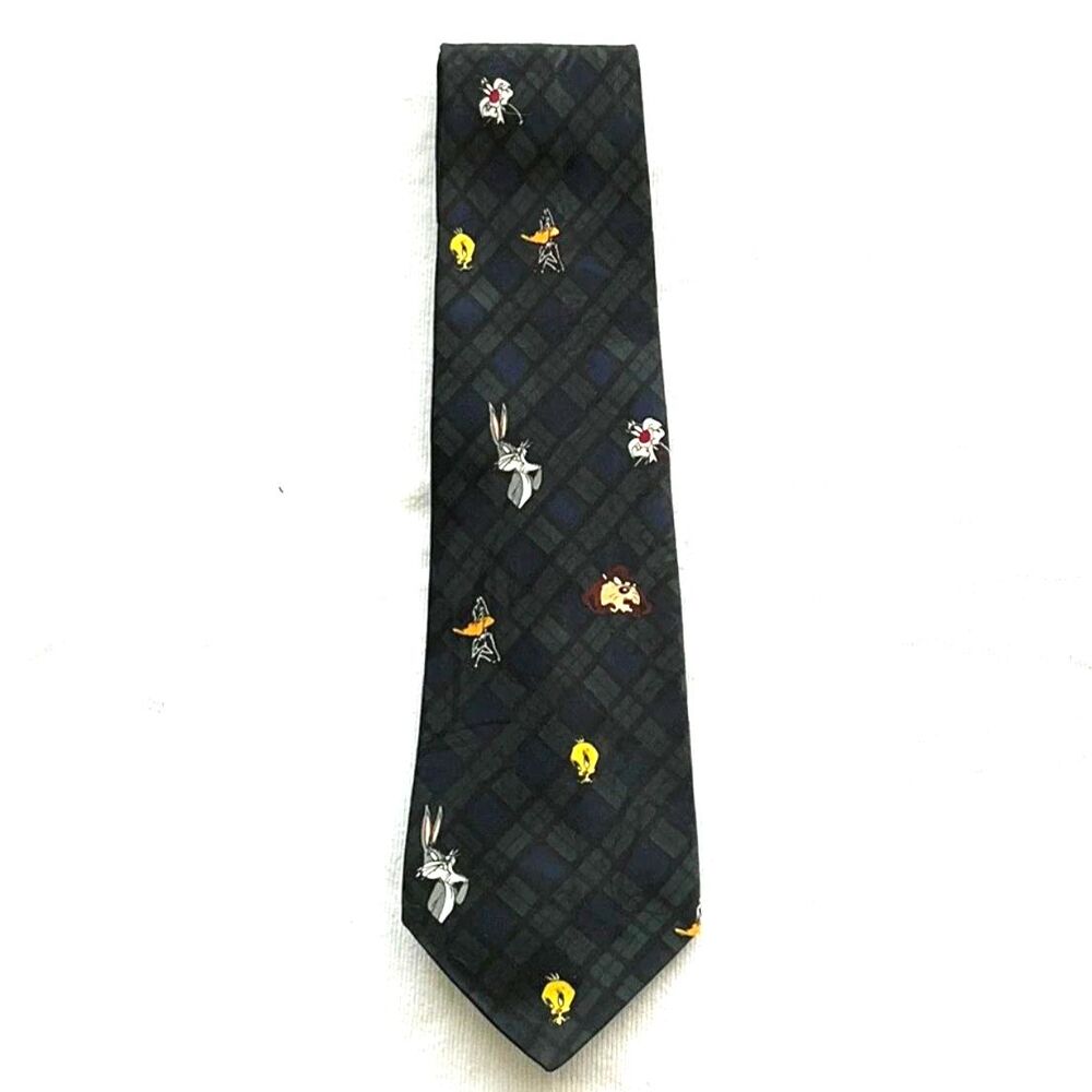 Vintage 1995 Looney Tunes Green/Blue Plaid The Pose Characters Tie